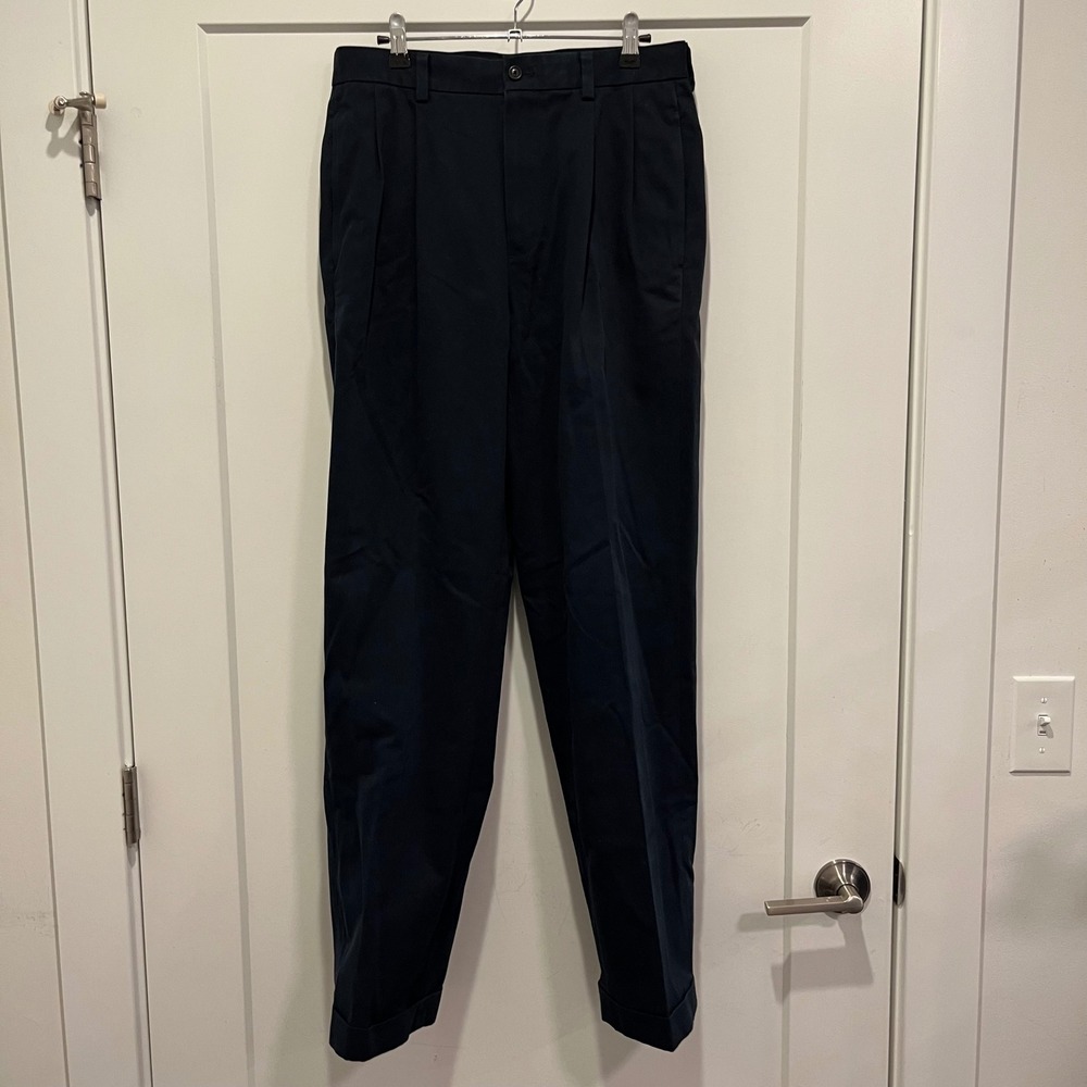 Brooks Brothers Advantage Chino Elliot Navy Blue Pleated Cuffed Pants W31 L32